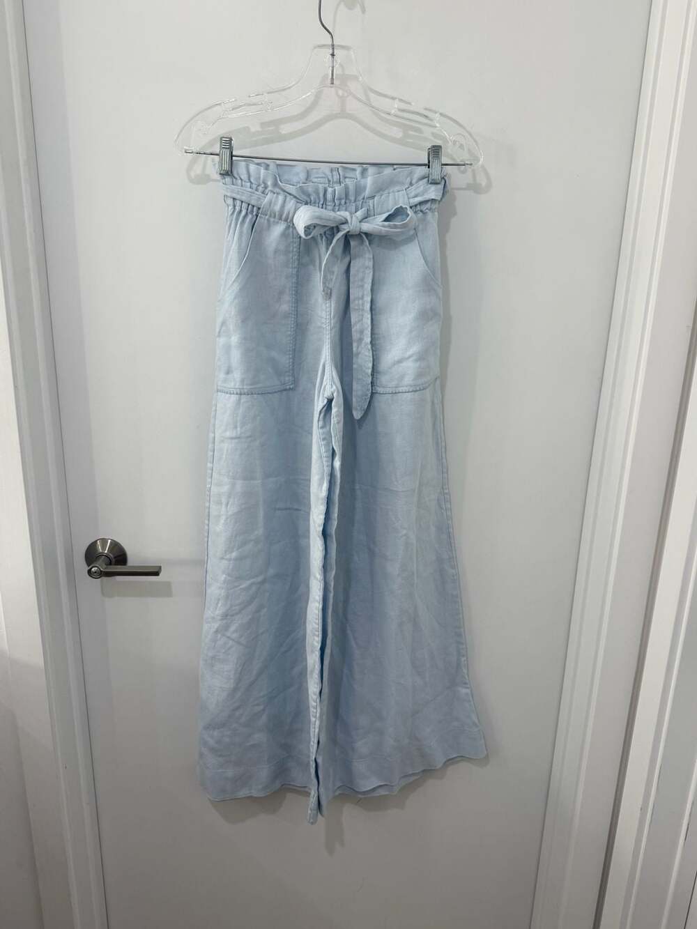 OndadeMar Women's Light Blue Paperbag Waist Tie-Front Wide-Leg Linen Pants